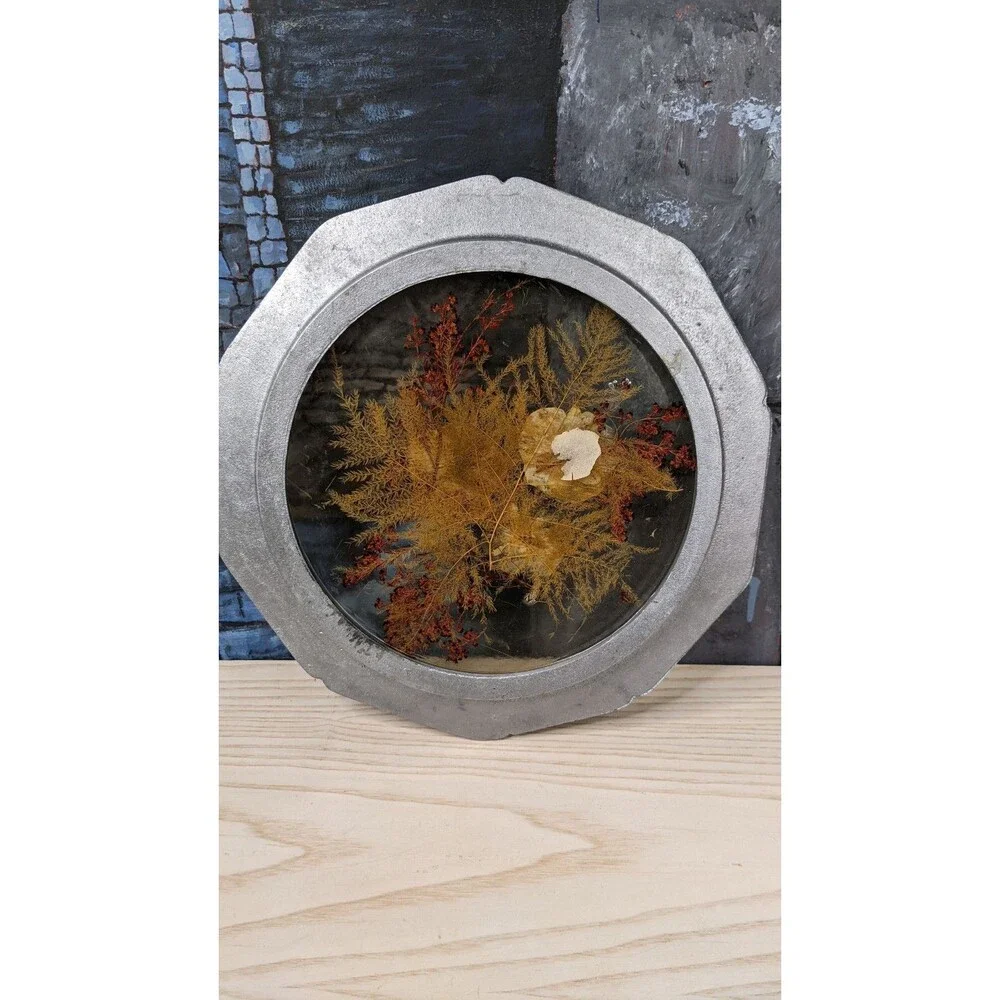 Colorflo Lucite Pewter Plate Trivet Tray dried Flowers Wall Decor  Cottagecore